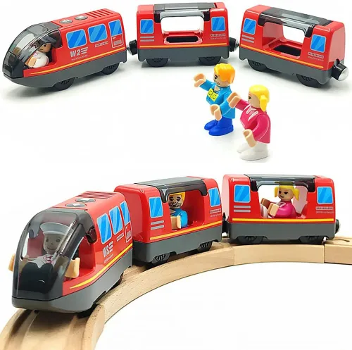 Vista 8 de TOPLIVING Tren motorizado para pista de madera, juego de 3 piezas de juguetes de tren para niños de 3, 4, 5 años, tren a batería compatible