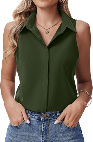 Vista 17 de HOTOUCH Camisas sin mangas con botones ocultos para mujer, frente con botones ocultos, cuello, blusas casuales elegantes holgadas para oficina