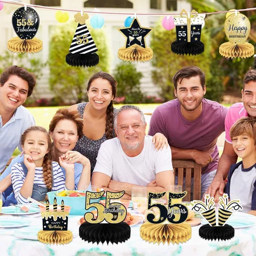 Vista 6 de 9 piezas de decoración de cumpleaños número 55 para centros de mesa de cumpleaños 55 para decoración de mesas, decoraciones de nido de abeja de 55