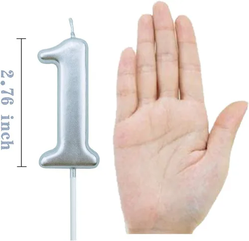 Vista 2 de Vela de primer año de cumpleaños plateada, feliz cumpleaños, número uno, para decoración de tartas, para fiestas, niños y adultos, número 1, 10, 10