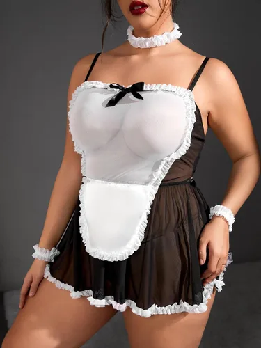 Vista 5 de WDIRARA Conjunto de 5 piezas de malla para mujer, talla grande, con ribete de encaje, lencería, vestido de cosplay