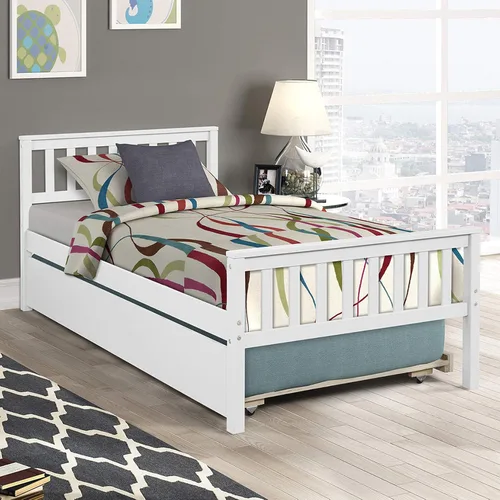 Vista 9 de Base de cama individual con nido, marco de cama de plataforma con cabecero y estribo, cama de madera maciza individual para dormitorio, espacio