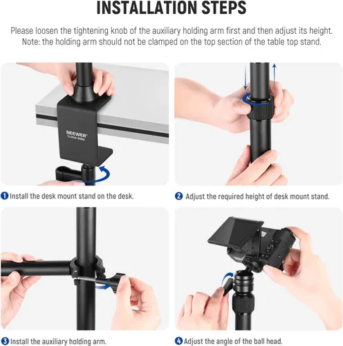 Vista 7 de NEEWER TL253A+DS001 Trípode de cámara de mesa con 2 brazos telescópicos, soporte para teléfono, cabezas esféricas, adaptador de tornillo, soporte