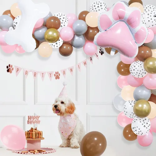 Vista 4 de Decoraciones de fiesta de perro, guirnalda de globos de pata de perro rosa, kit de arco de guirnalda de globos de fiesta de perro con pata de perro
