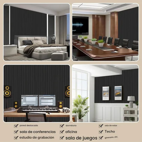 Vista 7 de Paquete de 8 paneles de pared con listones 3D, paneles de pared de madera sintética insonorizados para decoración de interiores, 47.2 x 6.3 Negro