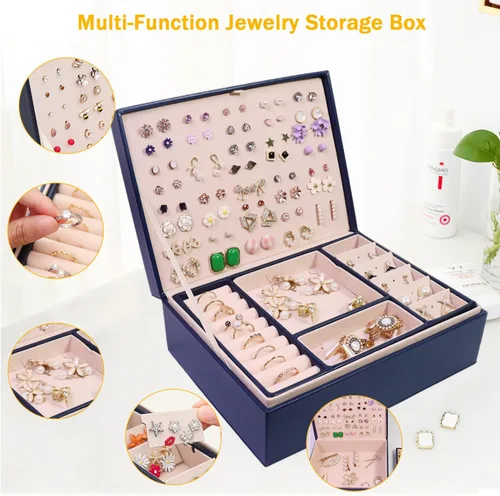 Vista 4 de Caja organizadora de joyas cajas de joyería grandes de piel sintética collares anillos aretes organizador de almacenamiento pantalla de doble capa