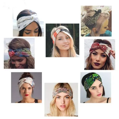 Vista 7 de KWHY Pack de 4 diademas para mujer, estilo boho floal, cruzadas con la cabeza, elástico y elástico para el pelo