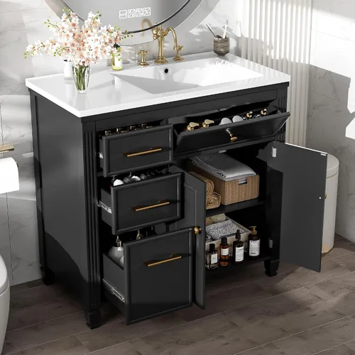 Vista 15 de Harper & Bright Designs Tocador de baño de 24 pulgadas con lavabo, tocador de lavabo individual independiente con una puerta y 3 cajones de cierre