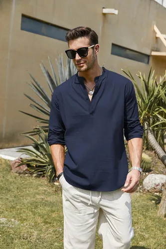 Vista 3 de COOFANDY - Camisa de lino y algodón con cuello Henley, de manga larga, estilo hippie, informal, camisetas de playa