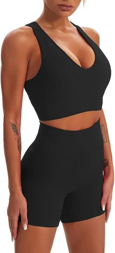 Vista 2 de Conjuntos de entrenamiento para mujer, 2 piezas, sin costuras, acanalados, para yoga, cuello en V, espalda cruzada, brasier deportivo de cintura