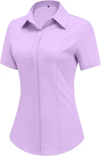 Vista 8 de HOTOUCH Camisas de manga corta con botones para mujer, blusa con cuello ajustado, blusa básica de verano para oficina, tallas S-2XL