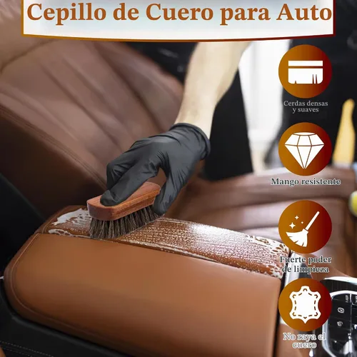 Vista 5 de 2 piezas cepillos de cuero para detallado de automóvil, cepillo de crin de caballo, cepillo de tapicería para limpieza, cepillo