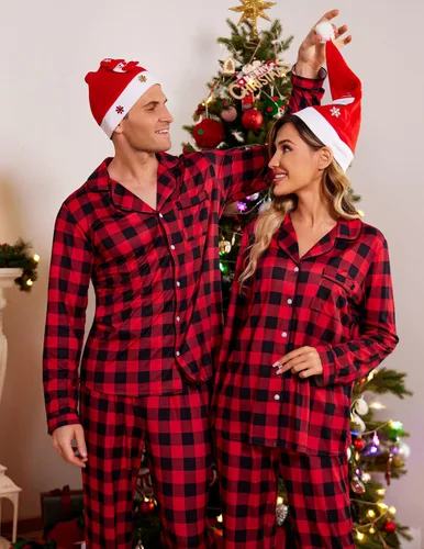 Vista 4 de Ekouaer - Conjunto de pijama de manga larga y botones, motivos navideños a juego para la familia, tallas de la S a la XXL