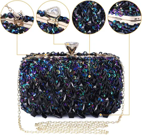 Vista 4 de UBORSE Bolsos de noche con lentejuelas brillantes y diamantes de imitación para mujer, estilo vintage, con cuentas de cristal, para cóctel, fiesta