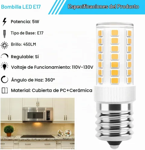 Vista 3 de Bombillas LED E17 regulables de 5 W para microondas sobre estufa, 125 V, 40 W, equivalente a incandescente, blanco cálido 3000 K, apto para Blanco