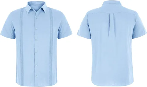 Vista 4 de Hestenve Guayabera - Camisas casuales de lino y algodón con botones de manga corta para hombre, camisa hawaiana cubana de verano, playa, trabajo