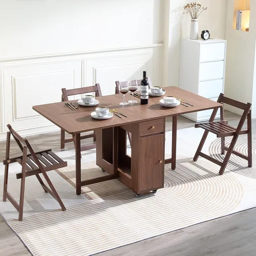 Vista 2 de COMUHOME Mesa de comedor extensible plegable con hoja abatible, con 2 cajones y 4 ruedas para sala de estar, cocina, estilo granja, mesa ahorradora