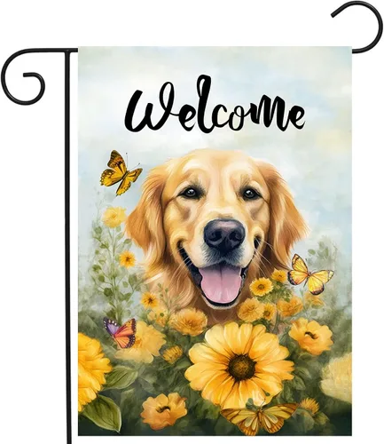 Vista 21 de Bandera floral de jardín Golden Retriever para jardín, banderas de bienvenida para exteriores de 12 x 18 pulgadas, bandera de perro de flores