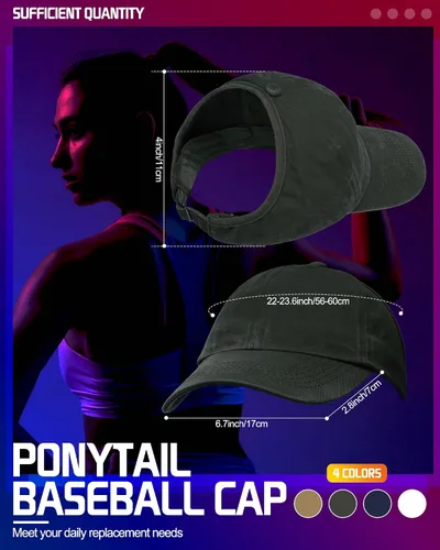 Vista 2 de Jiuguva Paquete de 4 gorras de béisbol con espalda descubierta para cola de caballo, gorras de béisbol para mujer, ajustables