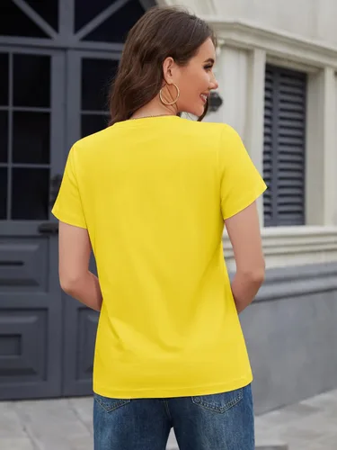 Vista 2 de MAGCOMSEN Camisetas de algodón para mujer, camisas de manga corta, cuello redondo, camisetas de verano transpirables y casuales