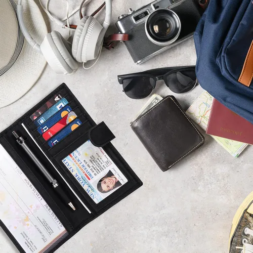 Vista 3 de Fundas de cuero RFID hechas a mano para hombres y mujeres con 6 tarjetas de crédito y 1 ranura para identificación y soporte para bolígrafo