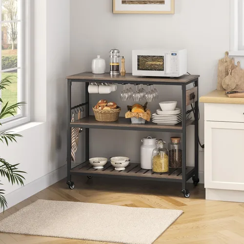 Vista 9 de Yaheetech Carrito de isla de cocina con toma de corriente, carritos de cocina con ruedas con almacenamiento, soporte de microondas de 3 niveles