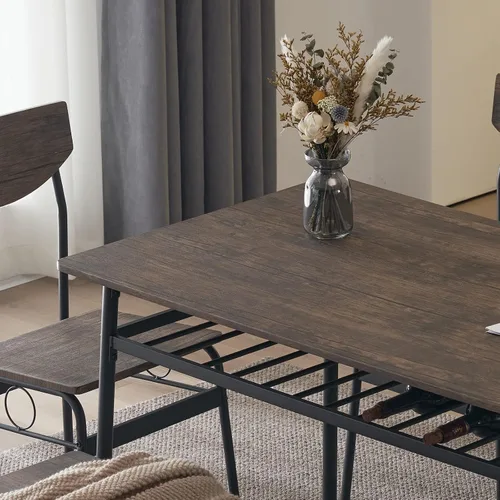 Vista 6 de Juego de comedor moderno de 6 piezas para el hogar, cocina, comedor con estantes de almacenamiento, marco de acero, mesa rectangular con 1 banco y 4