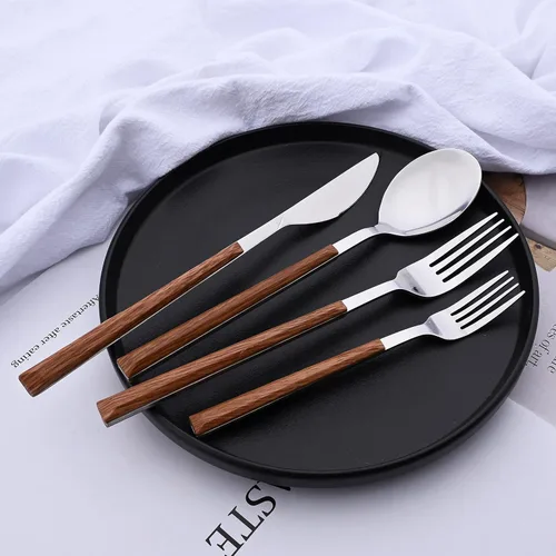 Vista 3 de Juego de cubiertos para 4 cubiertos de acero inoxidable de 16 piezas, juego de utensilios de cocina con mango de efecto de madera, incluye cuchara