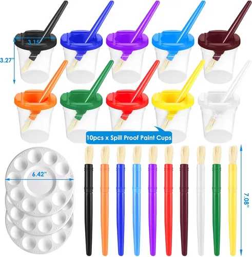 Vista 2 de Vasos de pintura para niños con tapas, recipientes de pintura antiderrames, incluye pinceles de pintura para niños pequeños y bandeja de paleta