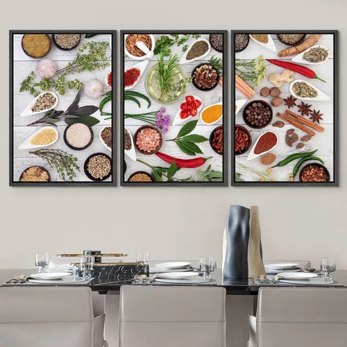 Vista 3 de wall26 Lienzo enmarcado para pared, juego de arte de hierbas, verduras y condimentos en madera, alimentos, fotografía cultural, realismo, paisaje