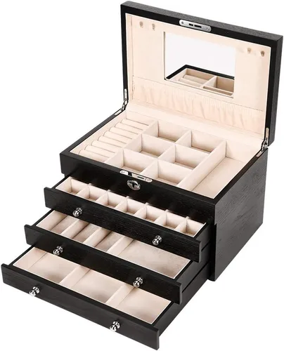 Vista 6 de TITISKIN Joyero grande de madera, joyero con espejo, caja de joyería con cerradura de 4 capas, caja de regalo, gabinete de joyería de escritorio