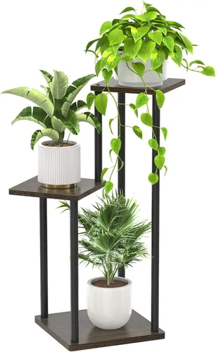 Vista 13 de Oppro Soporte para plantas de 3 niveles para interiores, soporte de esquina de metal de madera escalonada, soporte para macetas, estante de madera
