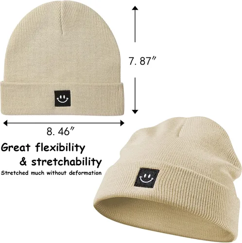Vista 2 de MaxNova Gorro para mujer y hombre, diseño de cara sonriente, gorro de invierno, 2 paquetes