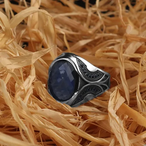 Vista 3 de Anillo de plata de ley 925 para hombre con piedra preciosa de zafiro, anillo de plata grabado hecho a mano, regalo para él, anillo de plata