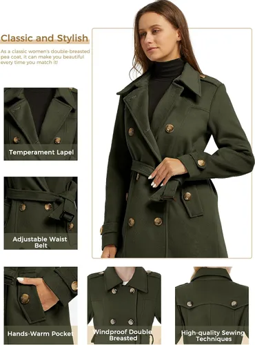 Vista 5 de wantdo - Chaquetón con doble botonadura para mujer, gabardina para invierno de largo medio con cinturón
