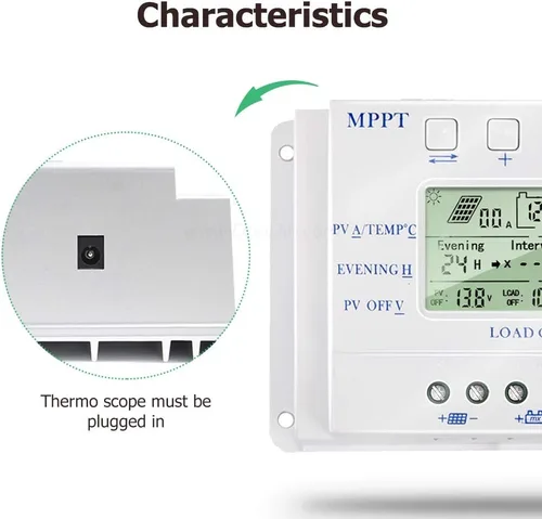 Vista 5 de MPPT T-10 Controlador de carga solar de 12 V 24 V para entrada máxima de 48 V con pantalla LCD, controlador de carga MPPT compatible con PWM