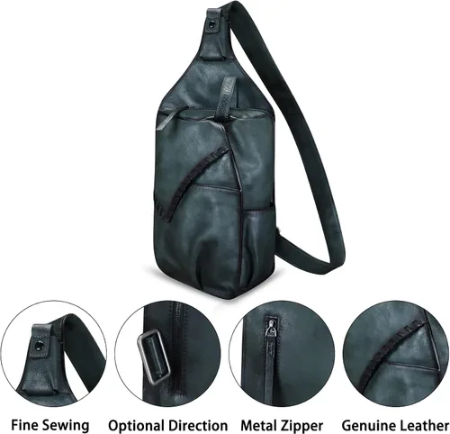 Vista 6 de Genuine Leather Sling Bag for Men Handmade Retro Crossbody Backpack Purse Hiking Daypack Chest Shoulder Fanny Pack