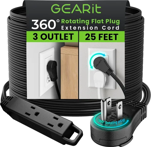 Vista 38 de GEARit Cable de extensión de enchufe plano giratorio de 360° de 3 pies, cable de alimentación de perfil bajo de 3 salidas, ahorro de espacio