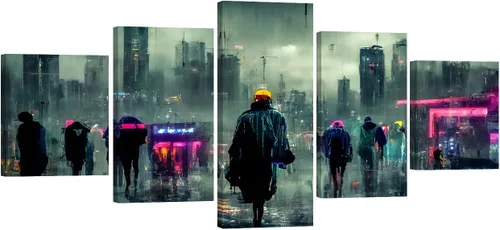 Vista 15 de Lienzo decorativo para pared, diseño de ciudad futurista Cyberpunk para sala de estar, impresión multipanel, obra de arte de cocina, pintura
