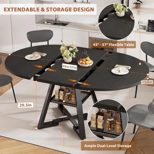Vista 4 de Mesa de comedor redonda extensible de 43 a 57 pulgadas para 4-6, moderna mesa de comedor ovalada de cocina industrial con hojas extraíbles, base