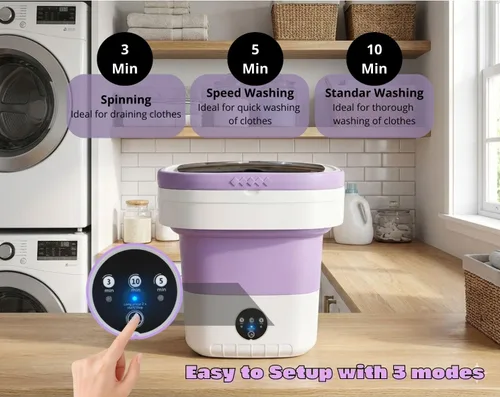 Vista 2 de Mini lavadora plegable eléctrica portátil 16L - Control digital táctil para ropa de bebé, ropa interior, camping, RV - Función de giro - Morado