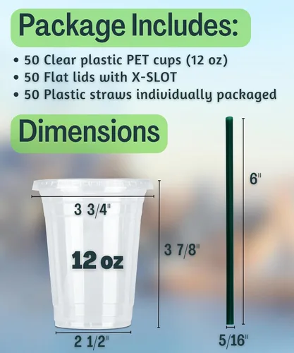 Vista 3 de [50 juegos] Vasos de plástico transparente de 12 onzas con tapas y popotes, tazas desechables para café helado con tapas, tazas transparentes