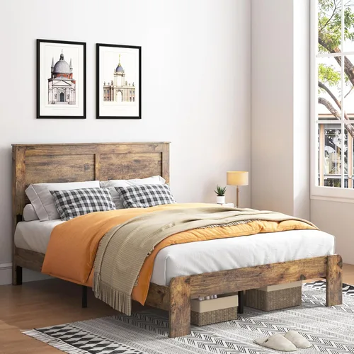 Vista 9 de Base de cama completa de madera con cabecera, base de cama de plataforma rústica de granja con soporte de 12 listones de madera, no necesita somier