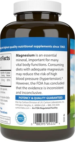 Vista 7 de Carlson - Magnesio, 350 mg, Apoyo Cardiovascular, Función Muscular y Salud Nerviosa, 180 cápsulas