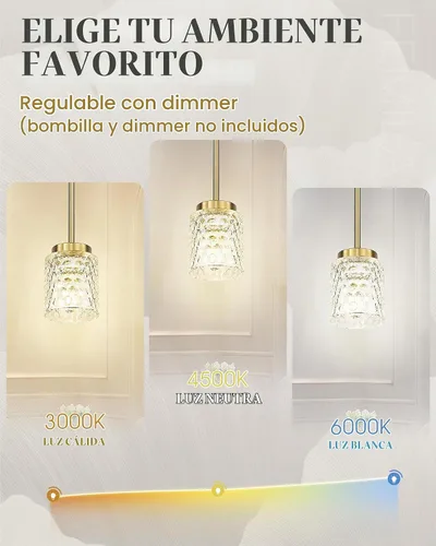 Vista 5 de FEMILA Lámpara Colgante Dorada, Accesorios de Iluminación Colgante de 4", Iluminación para Isla de Cocina, Vidrio Martilleado, Base E26, 4FY86MIL BG