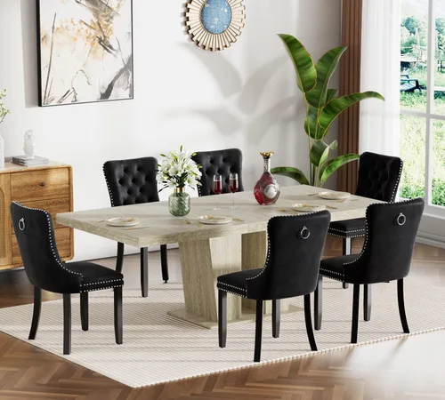 Vista 27 de Henf Juego de mesa de comedor extensible de 5 piezas para 4, 63"-79" Mesa de cocina grande extensible con 4 sillas negras acolchadas, Juego de mesa