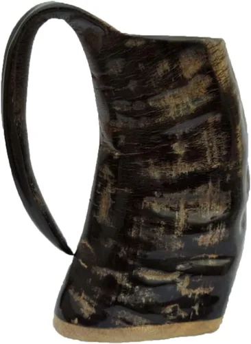 Vista 9 de Juego de 2 tazas de cuerno vikingo, 100% auténtica jarra medieval de cuerno de cerveza con superficie de madera, taza de cuerno vikingos de 16