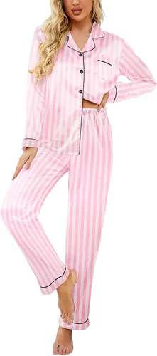 Vista 10 de Ekouaer - Conjunto de pijama de satén de seda clásico con botones para mujer, de manga larga Verde militar