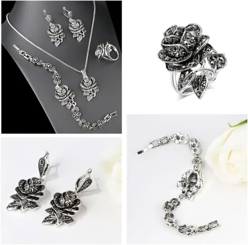Vista 5 de Dtja Juego de 5 piezas de joyería vintage con dije de flor de rosa de circonita cúbica para mujeres y niñas, cristal negro plateado, bohemio, boda