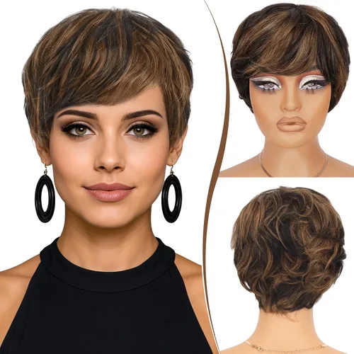 Vista 7 de RUWISS Peluca de cabello humano con corte Pixie, peluca de cabello humano con flequillo, peluca negra corta natural en capas, ondulada